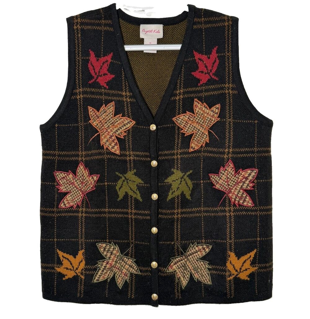 Vintage 90s Crystal Kobe Sweater Vest M Fall Leaves Plaid Button Front Black